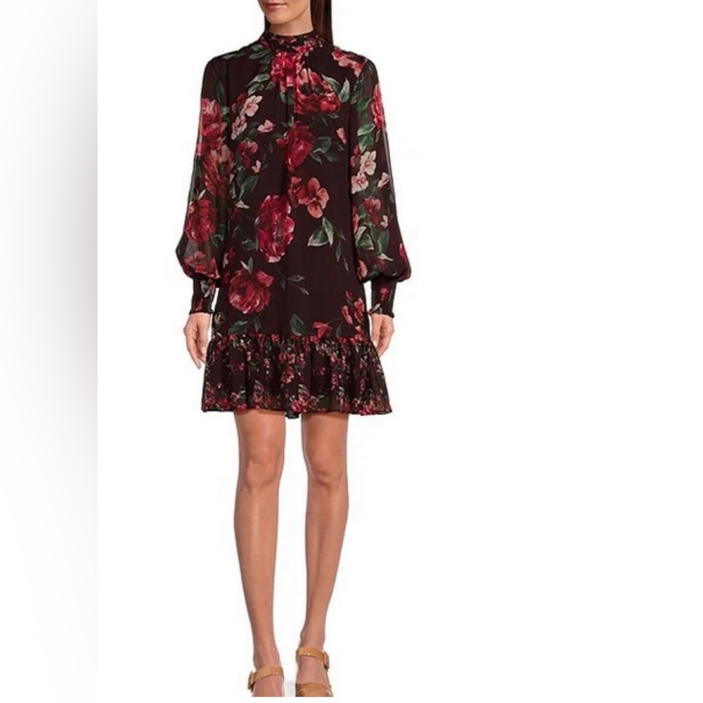 NWT - Alex Marie Tinsley Chiffon Floral Print Mock Neck Long Sleeve Ruffled Mini